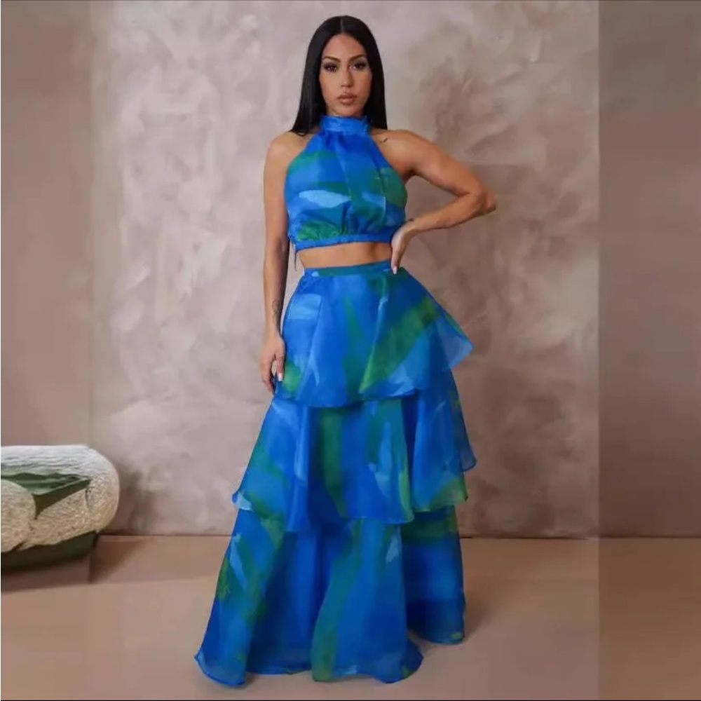 Blue and Green Tiered Skirt Set